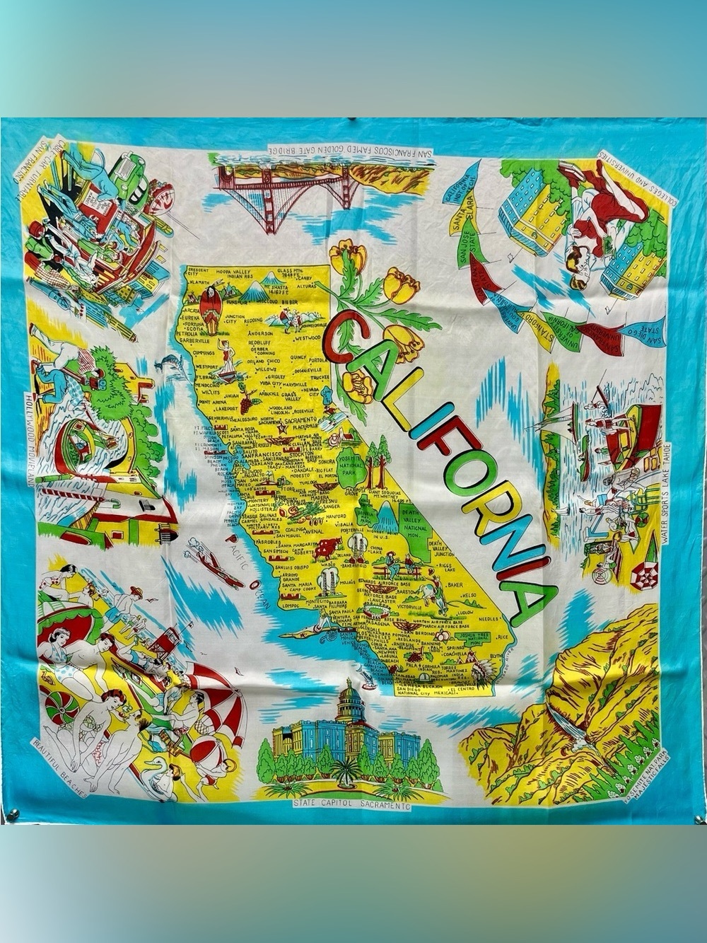 Vintage 1940s California Souvenir Map SILK Scarf Turquoise Yellow Red Oversized